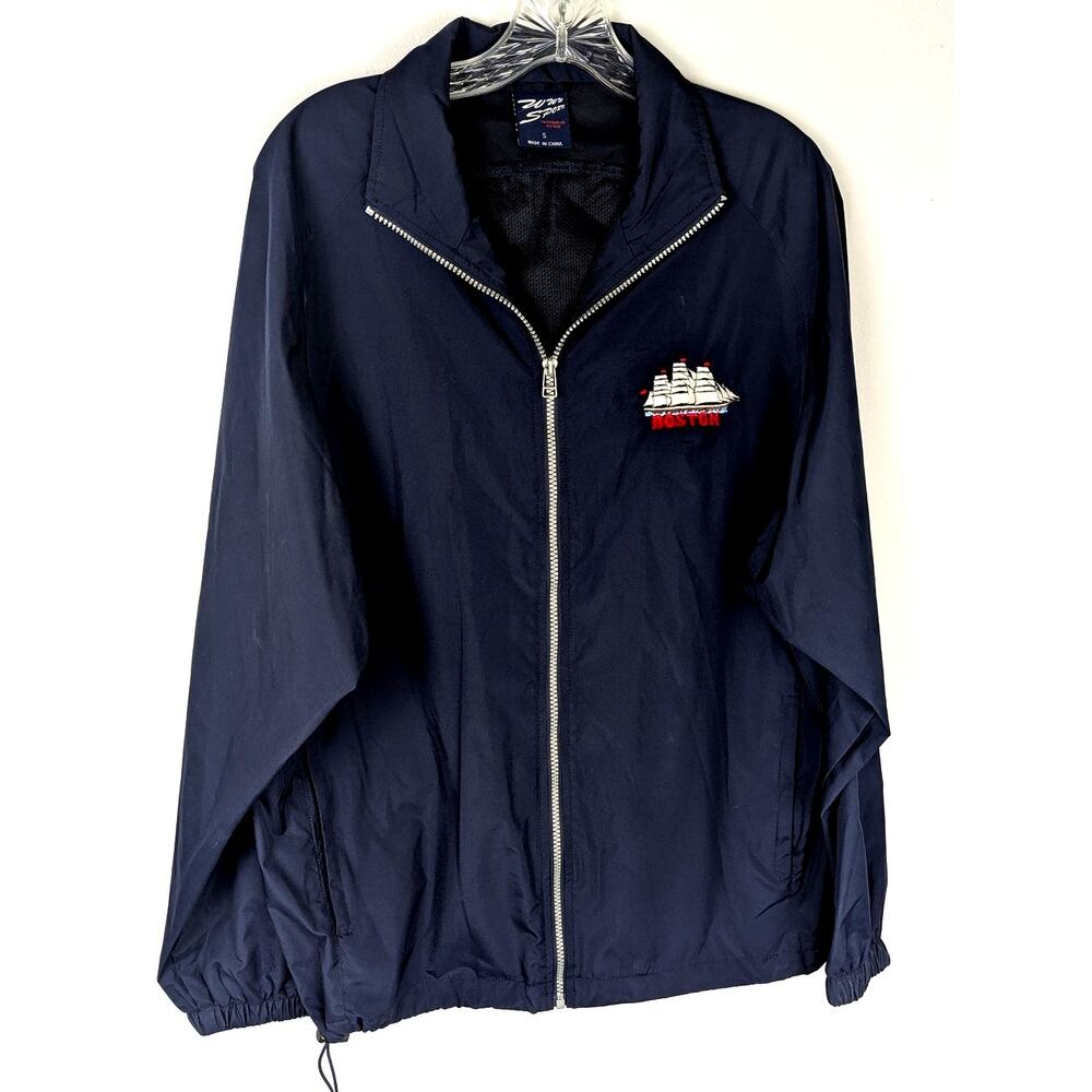 Vtge Rain jacket Navy bl Boston sailboat logo Sz S OVERSIZED Chest 46"CB Len 28"